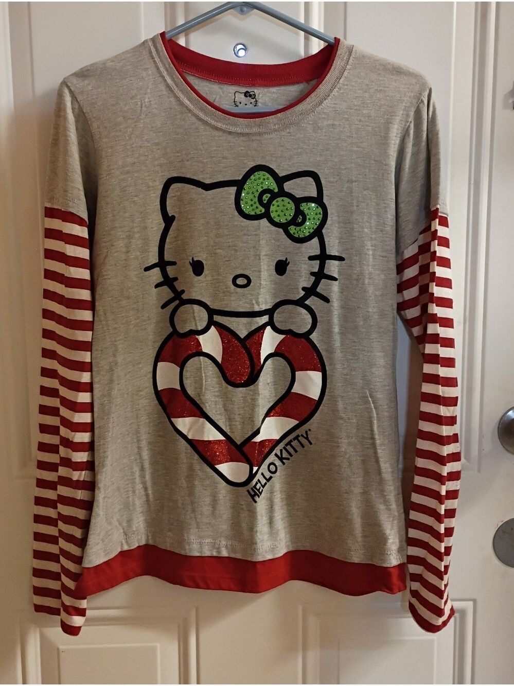 2/$10 Hello Kitty Christmas Gray Long-Sleeve Top with Red Striped Sleeves
